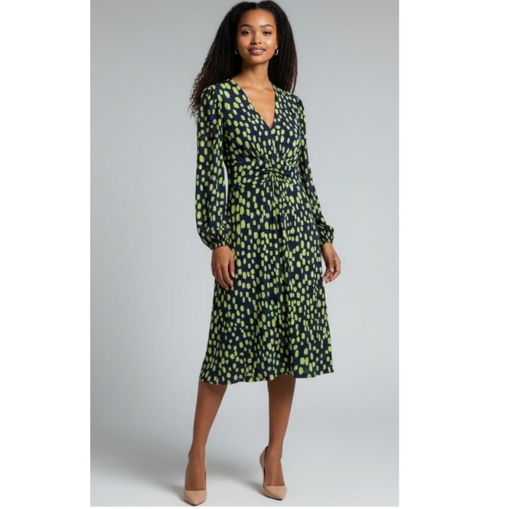 Maggy London Dress V-Neck Midi Back Zip Dark Blue Green Dot Career Work Size 4